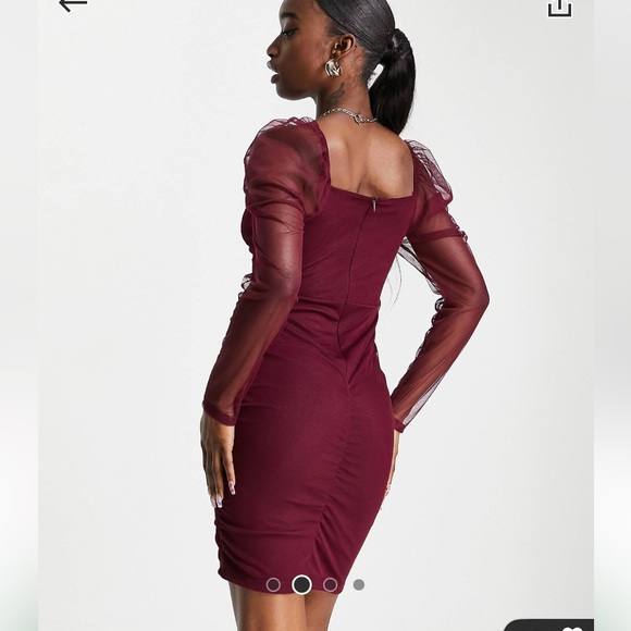 Twist Front Ruched Sheer Sleeved Mini Dress in Berry- 6 - Picture 5 of 8